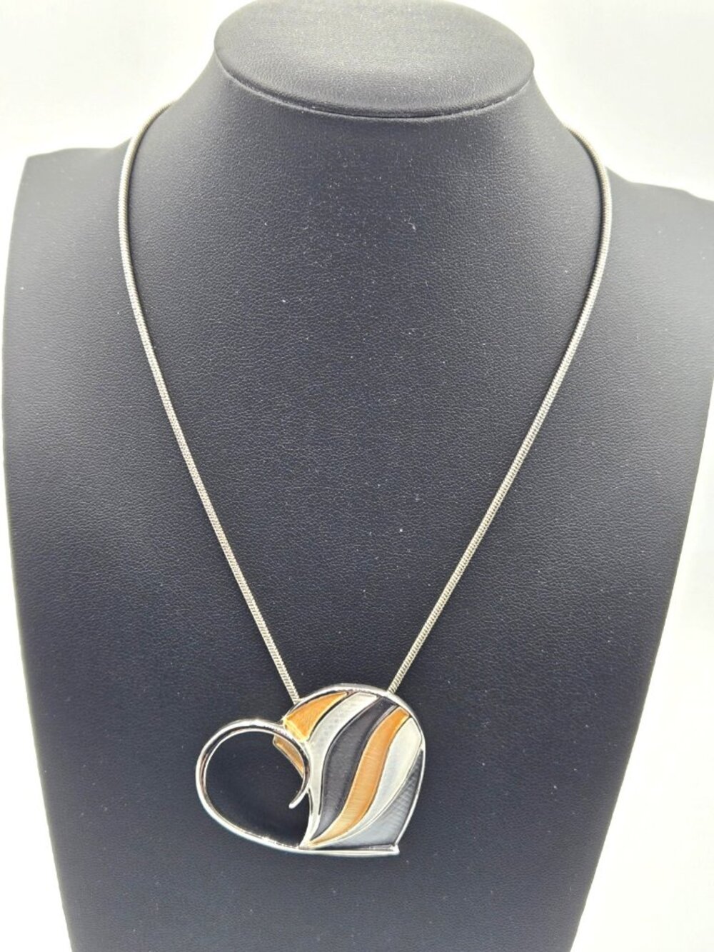 Large Open Heart Charm Necklace Black Gold White Gray on Silver Tone Snake Chain